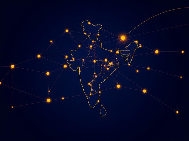 A glowing digital network map of India with interconnected nodes, representing Syara Global’s cross-border engineering talent ecosystems and global team hubs.