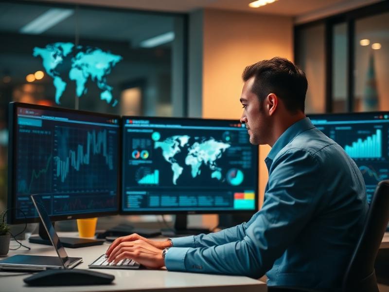 A software engineer analyzing global data and system metrics across multiple monitors, representing the high-impact tech environment at Syara Global.