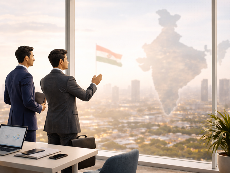 Business leaders viewing a symbolic map of India from a high-rise office, representing local operational representation and regional expertise.