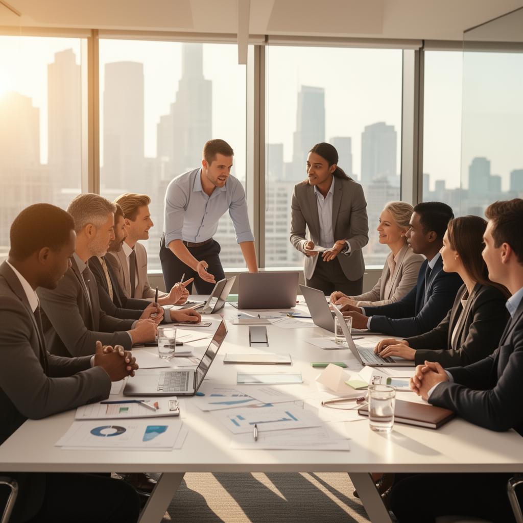 Professionals discussing strategy over a laptop, highlighting the partnership-driven approach to engineering team stabilization.