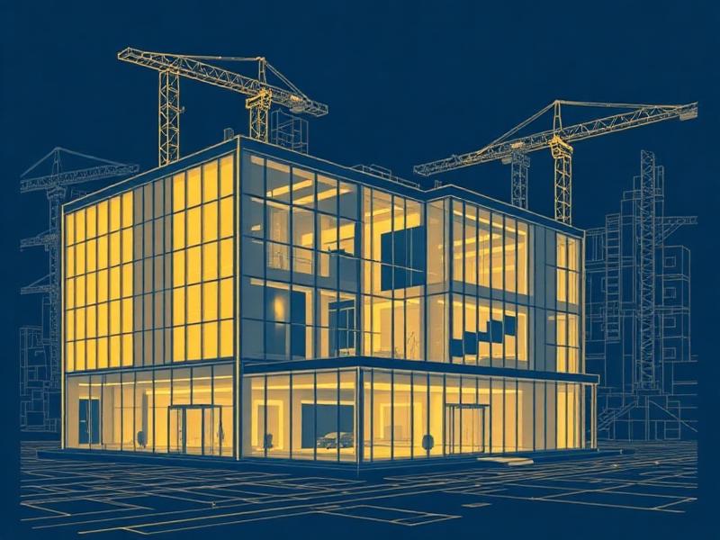 An architectural digital blueprint of a modern glass building, symbolizing the foundation and scaling phases of the BOT model.