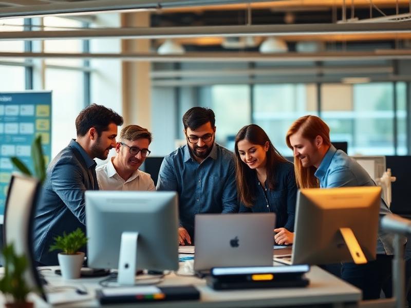 A collaborative team of engineering professionals reviewing project details on a laptop to ensure high-impact staffing alignment.